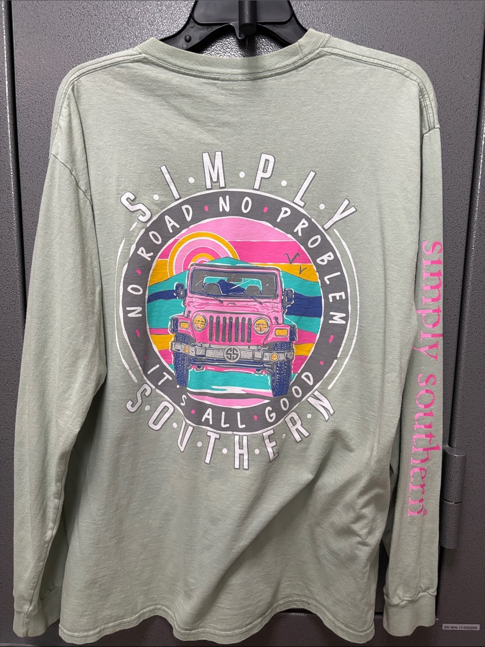 Simply Southern Long-Sleeve Tee in Sage Green with Pink Sleeve Print